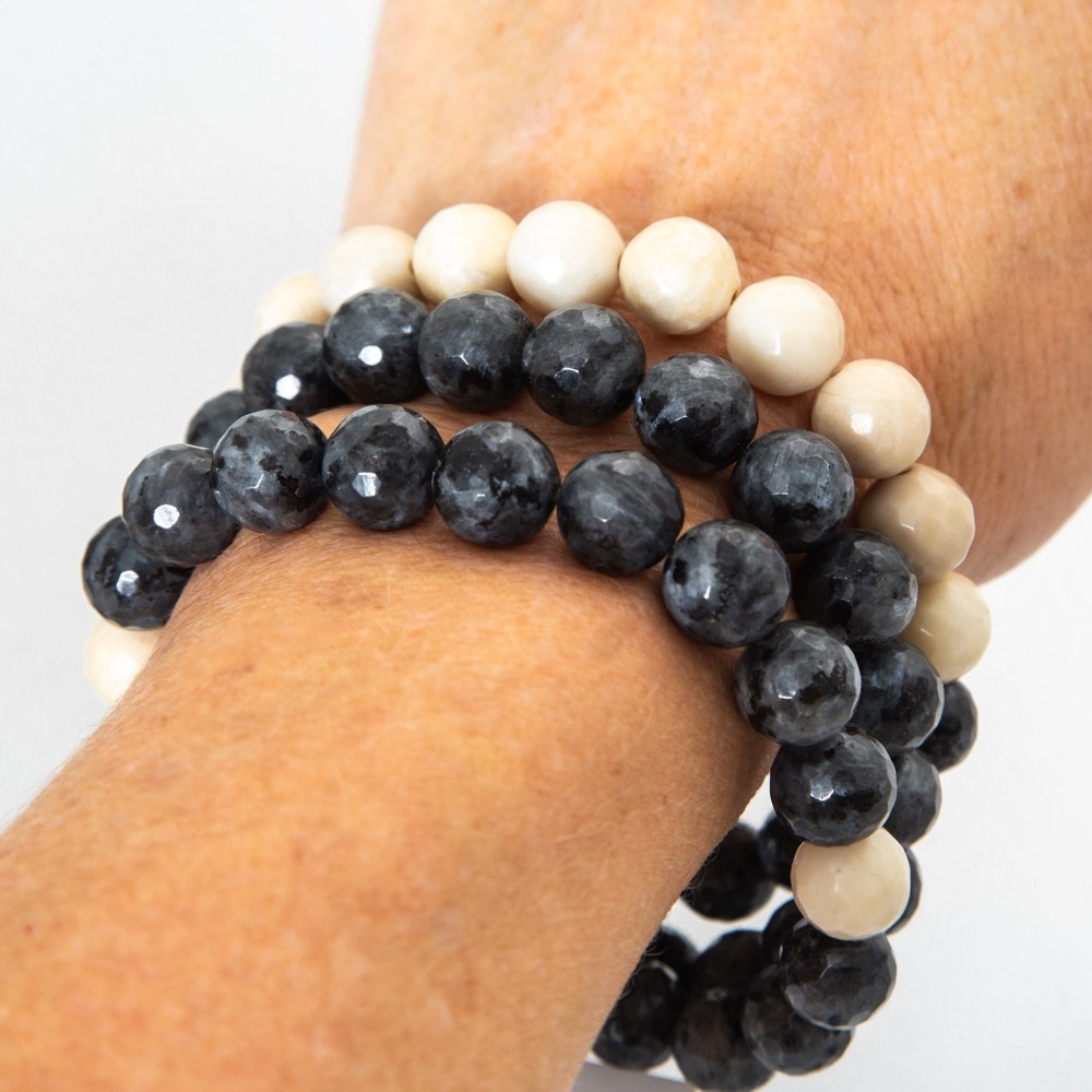 Beaded bracelets labradorite set of 3 black & cream by Ellie Madison L